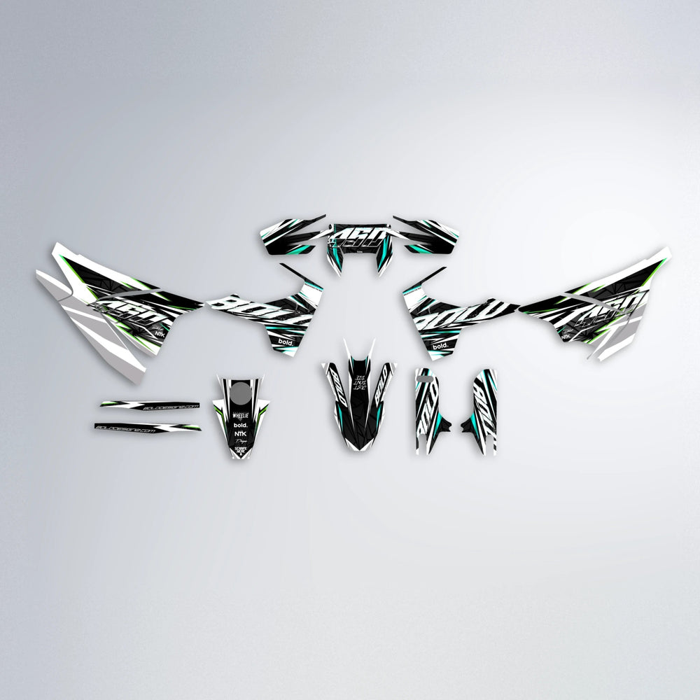 ROGUE Husqvarna 701 graphics kit parts layout in Cyan & Green