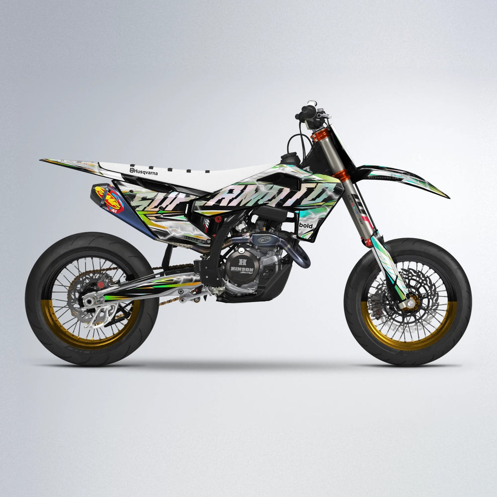 ROPAS72 Husqvarna FE/TE supermoto graphics kit in Cyan & Green
