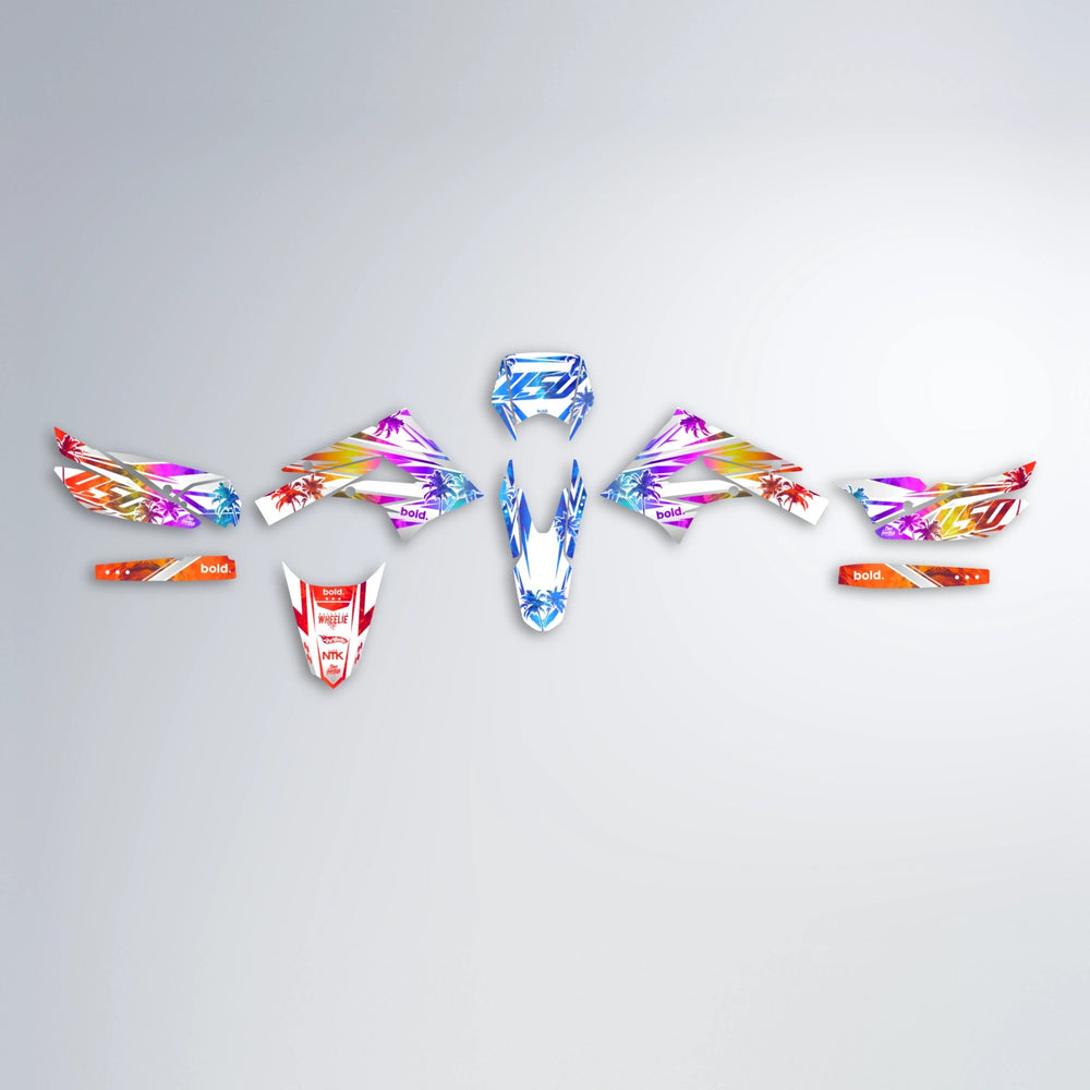 ROZALIN Derbi Senda graphics kit parts layout in Sunset Fade