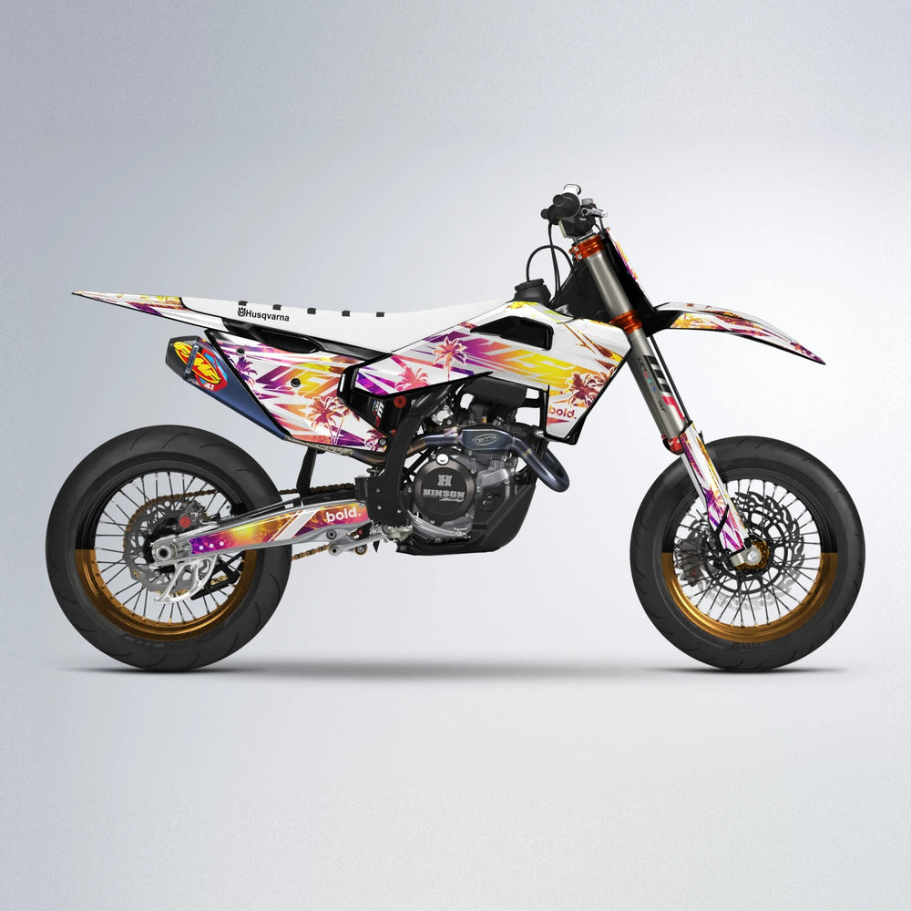 ROZALIN Husqvarna FE/TE supermoto graphics kit in Pink & Yellow