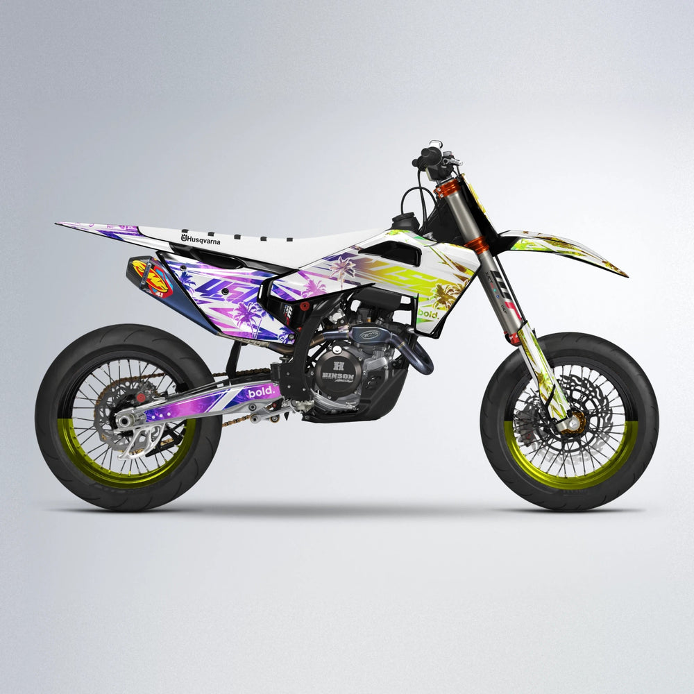 ROZALIN Husqvarna FE/TE supermoto graphics kit in Purple & Yellow