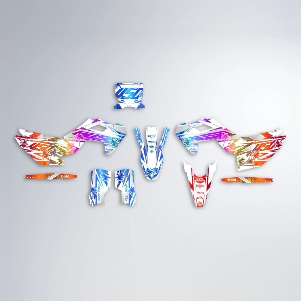 ROZALIN Husqvarna FE/TE graphics kit parts layout in Sunset Fade