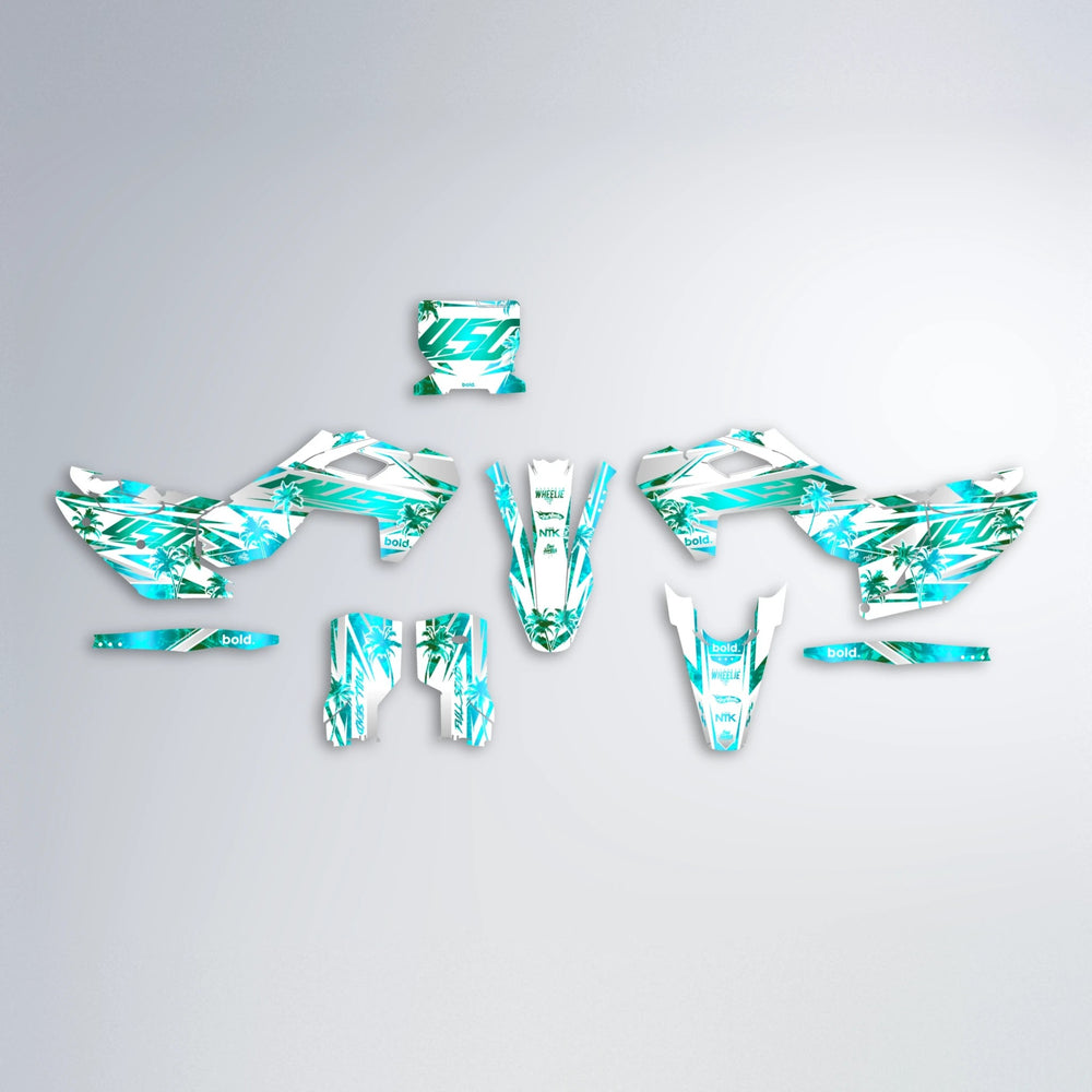 ROZALIN Husqvarna FE/TE graphics kit parts layout in Teal