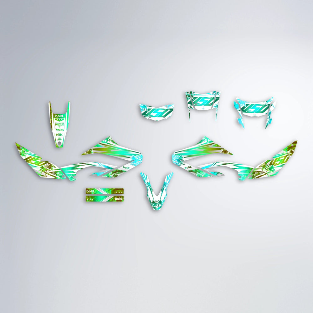 ROZALIN Yamaha WR 125X graphics kit parts layout in Cyan & Green