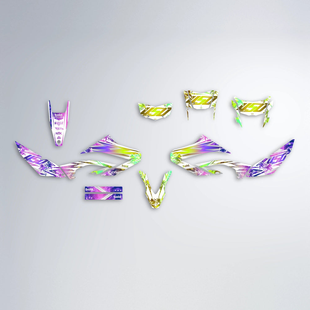 ROZALIN Yamaha WR 125X graphics kit parts layout in Purple & Yellow