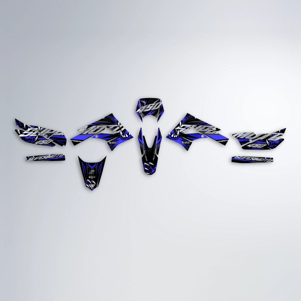 SAVAGE Derbi Senda graphics kit parts layout in Blue