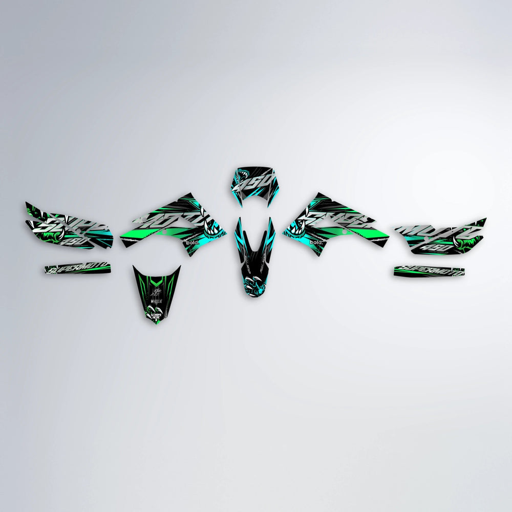 SAVAGE Derbi Senda graphics kit parts layout in Cyan & Green