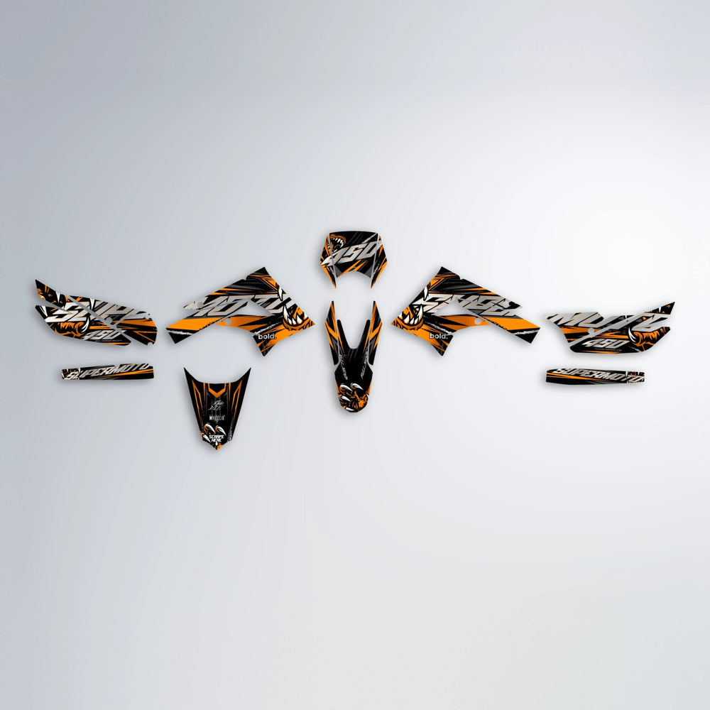 SAVAGE Derbi Senda graphics kit parts layout in Orange