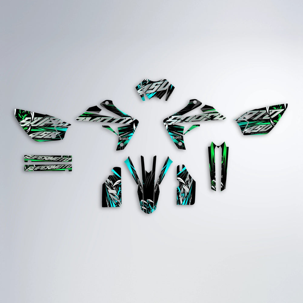 SAVAGE Rieju MRT graphics kit parts layout in Cyan & Green