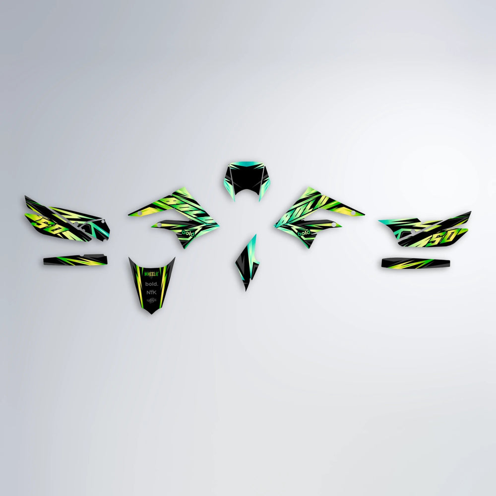 SCAN Derbi Senda graphics kit parts layout in Cyan & Green
