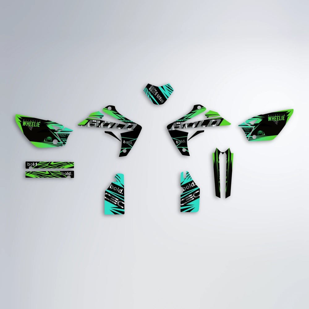 SEBBE ROSEN Rieju MRT graphics kit parts layout in Cyan & Green