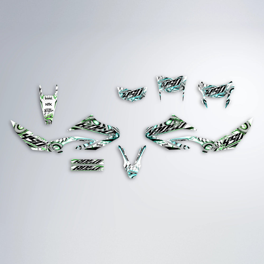 SERPENT Yamaha WR 125X graphics kit parts layout in Cyan & Green