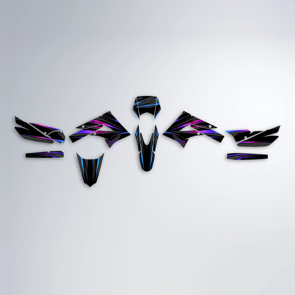 SKITZ Derbi Senda graphics kit parts layout in Blue Purple Fade
