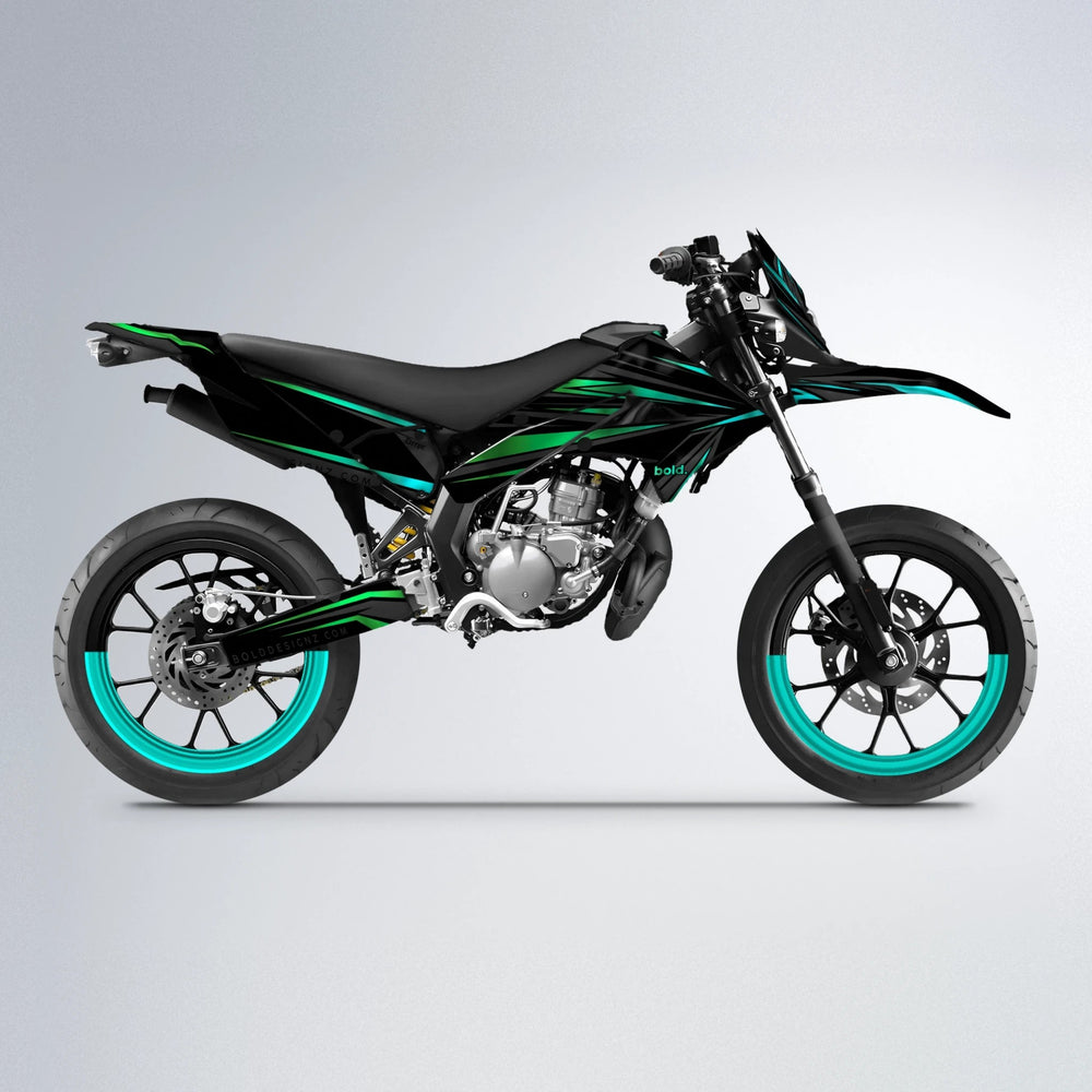 SKITZ Derbi Senda supermoto graphics kit in Cyan & Green