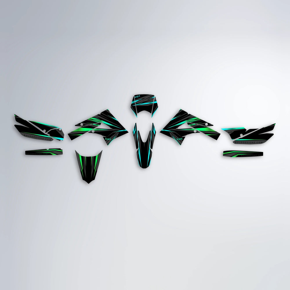 SKITZ Derbi Senda graphics kit parts layout in Cyan & Green