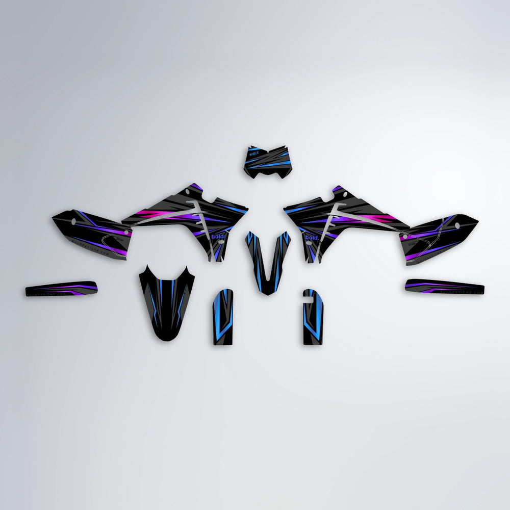 SKITZ Fantic graphics kit parts layout in Blue Purple Fade
