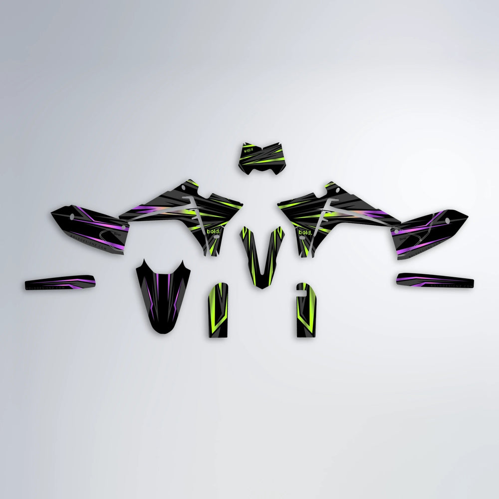 SKITZ Fantic graphics kit parts layout in Purple & Yellow