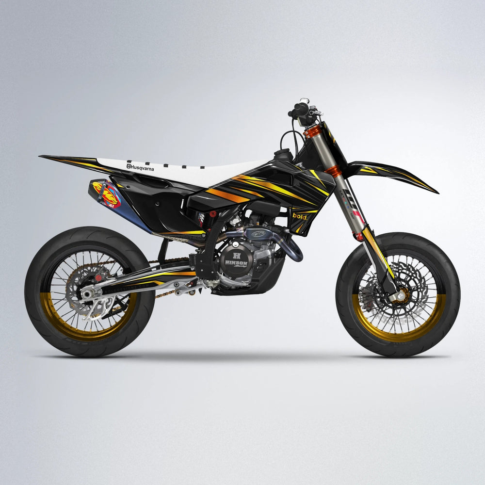 SKITZ Husqvarna FE/TE supermoto graphics kit in Orange & Yellow
