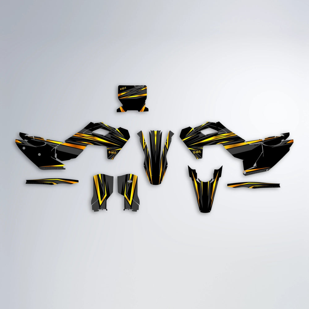 SKITZ Husqvarna FE/TE graphics kit parts layout in Orange & Yellow
