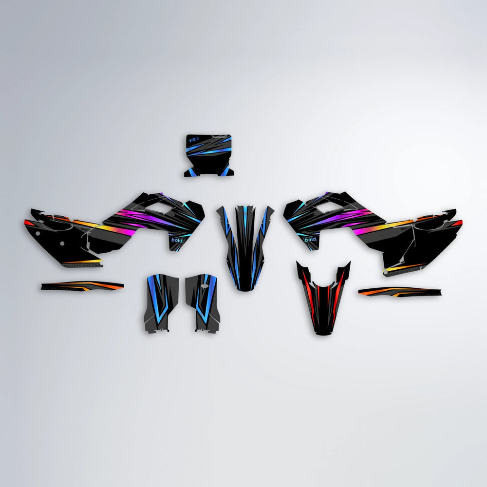 SKITZ Husqvarna FE/TE graphics kit parts layout in Sunset Fade