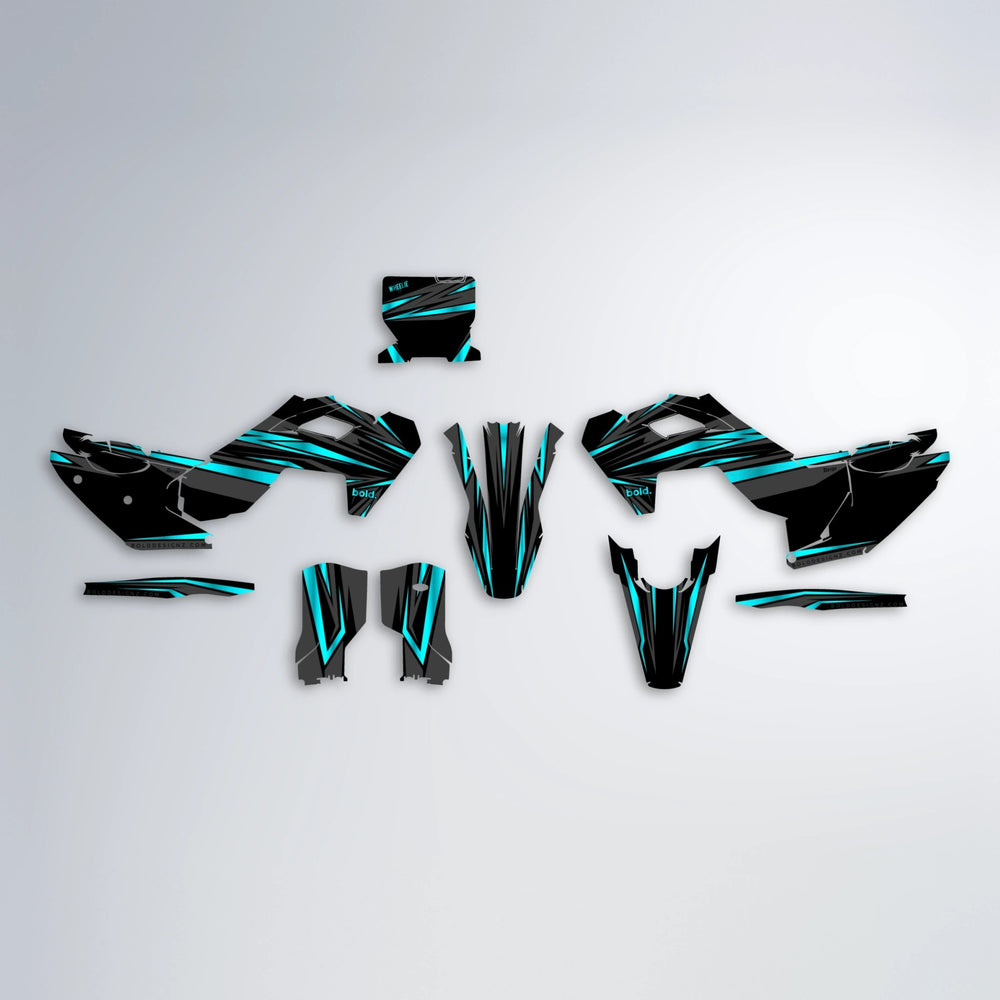 SKITZ Husqvarna FE/TE graphics kit parts layout in Teal