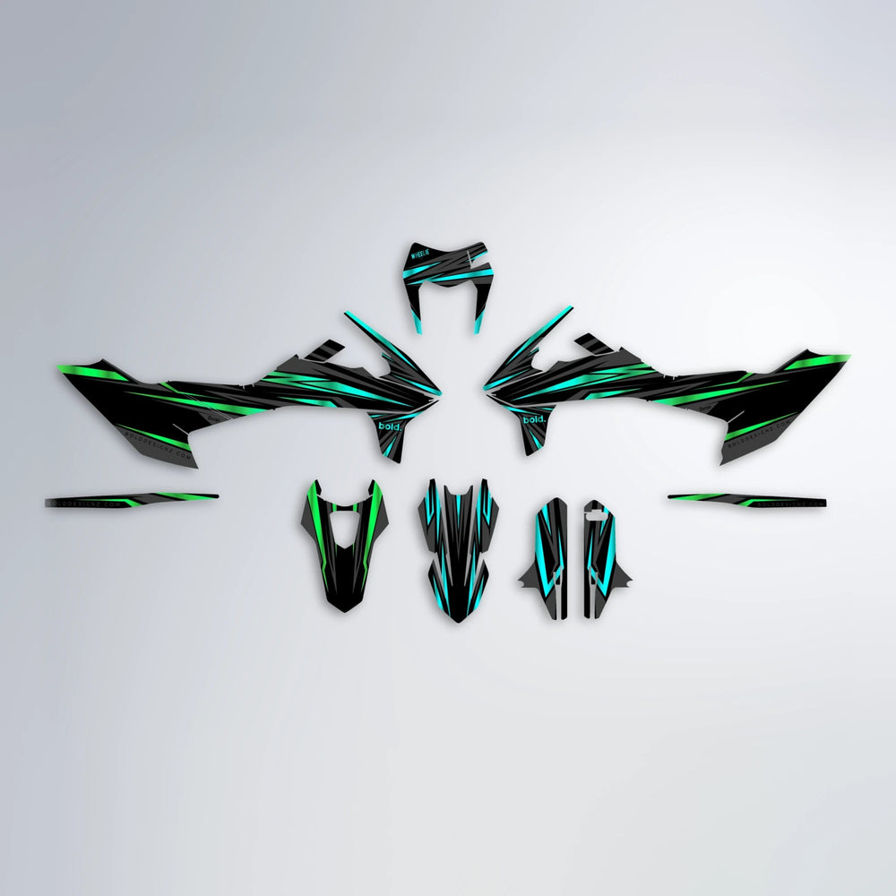 SKITZ KTM SMC 690 graphics kit parts layout in Cyan & Green