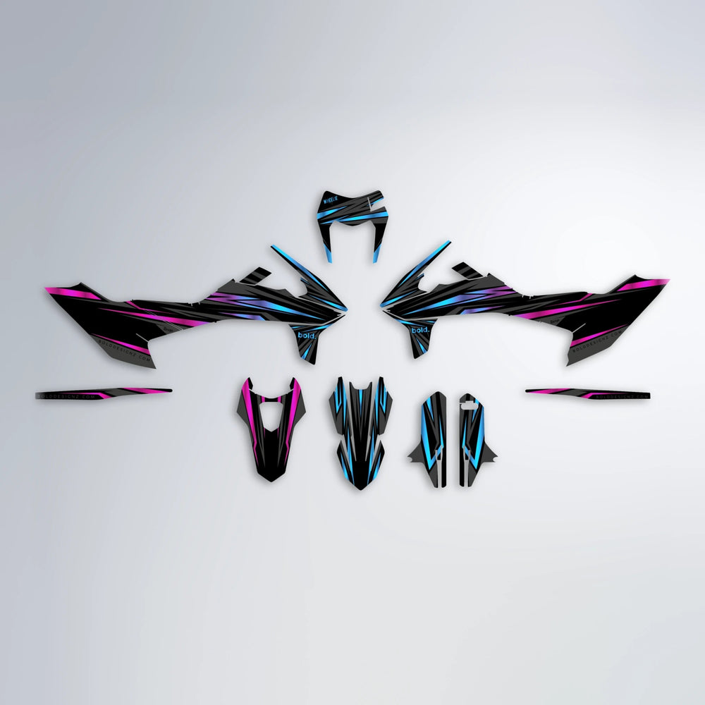 SKITZ KTM SMC 690 graphics kit parts layout in Pink & Light Blue