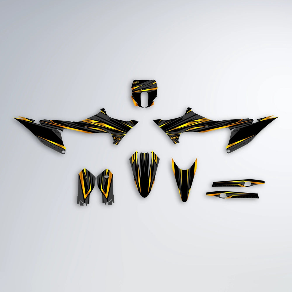 SKITZ Stark Varg MX graphics kit parts layout in Orange & Yellow