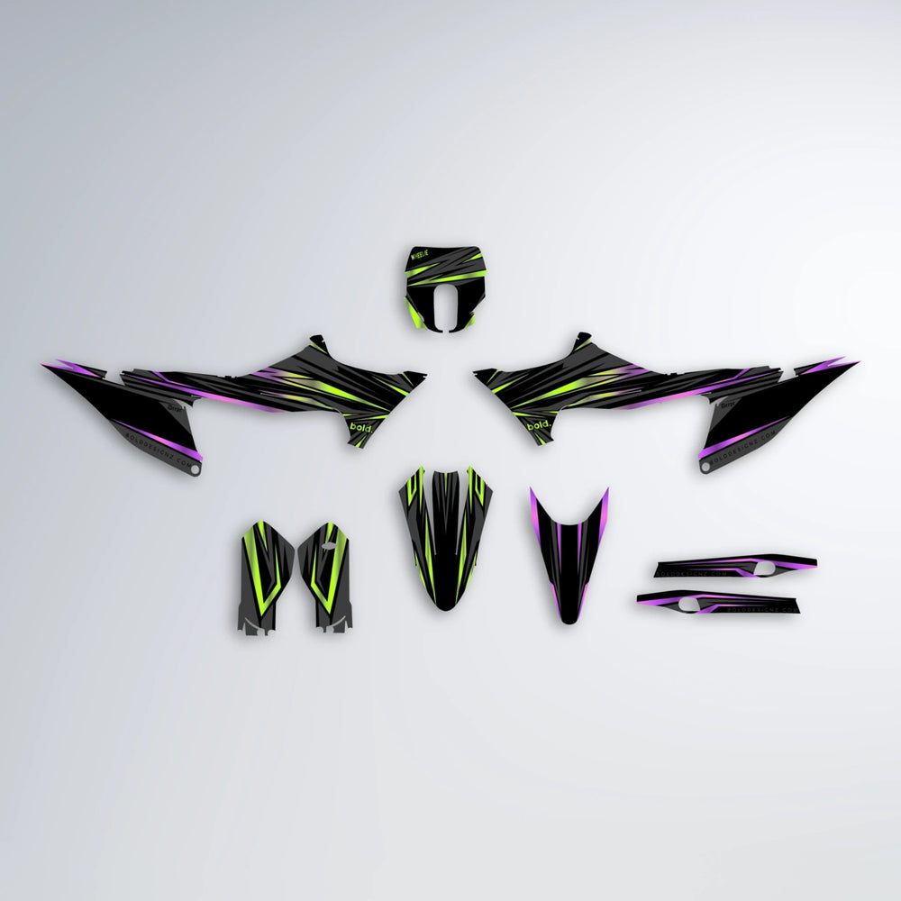 SKITZ Stark Varg MX graphics kit parts layout in Purple & Yellow