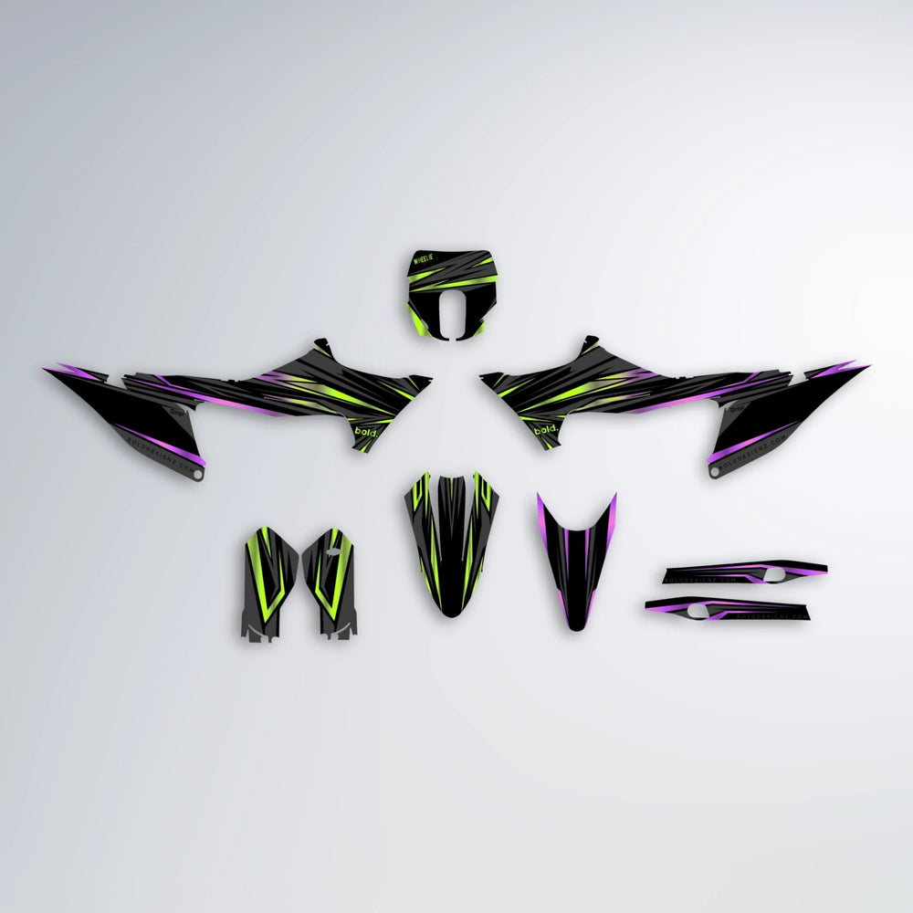 SKITZ Stark Varg SM graphics kit parts layout in Purple & Yellow