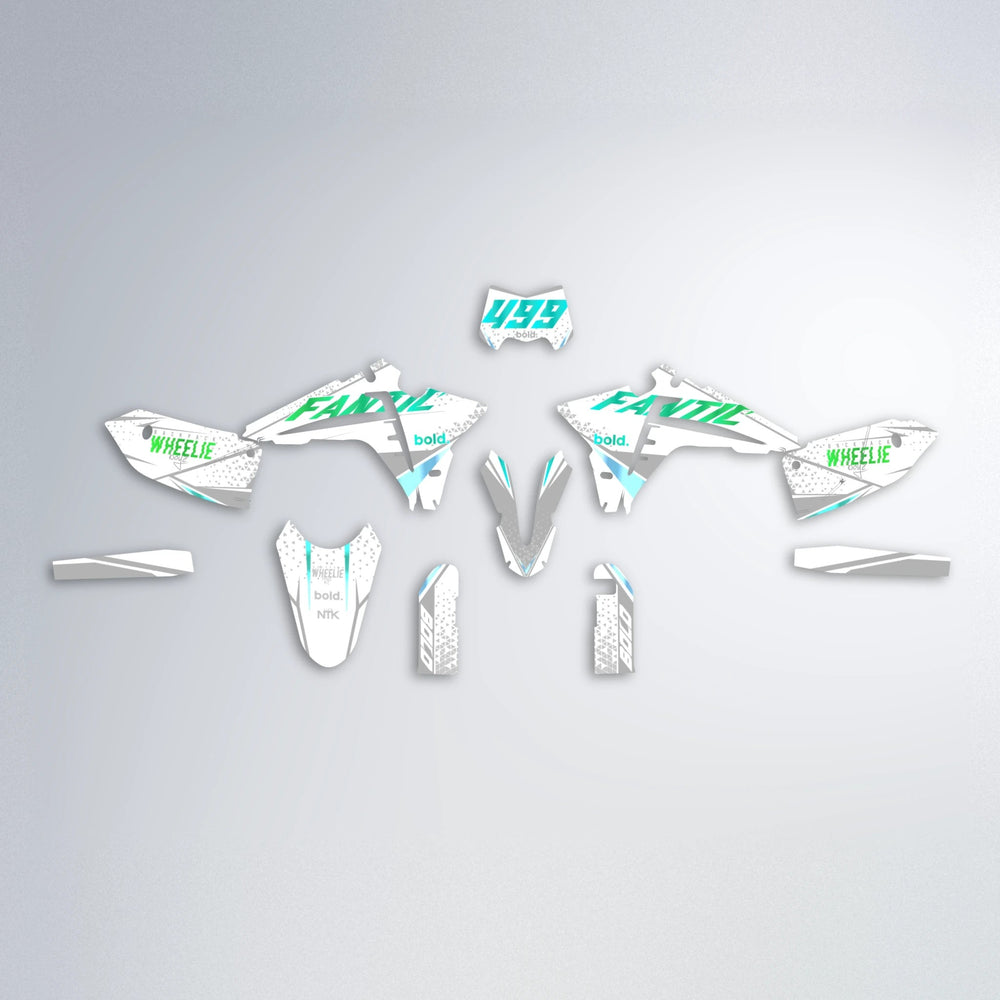 SKOOVBY Fantic graphics kit parts layout in Cyan & Green