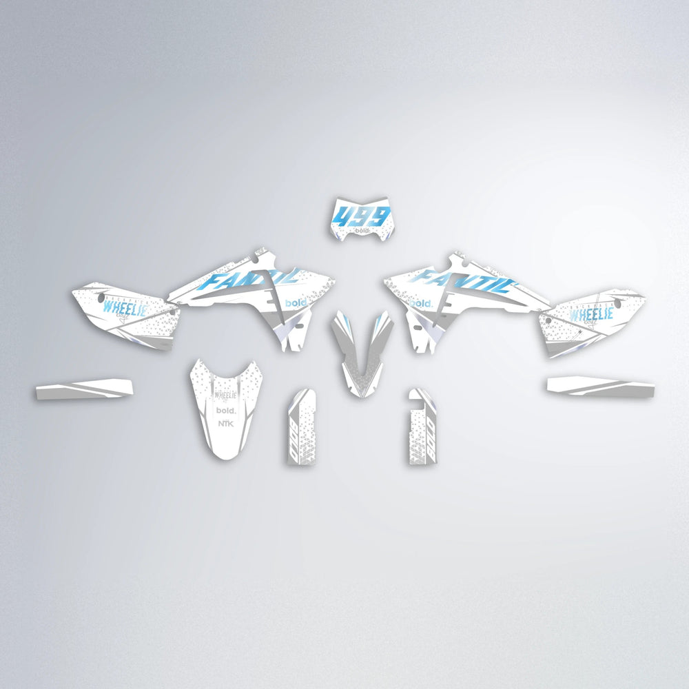 SKOOVBY Fantic graphics kit parts layout in Light Blue & White