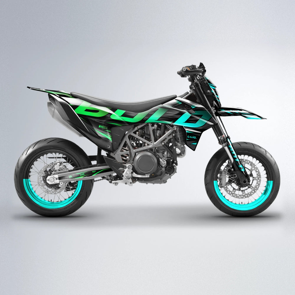 SLAUGHTER KTM SMC 690 supermoto graphics kit in Cyan & Green