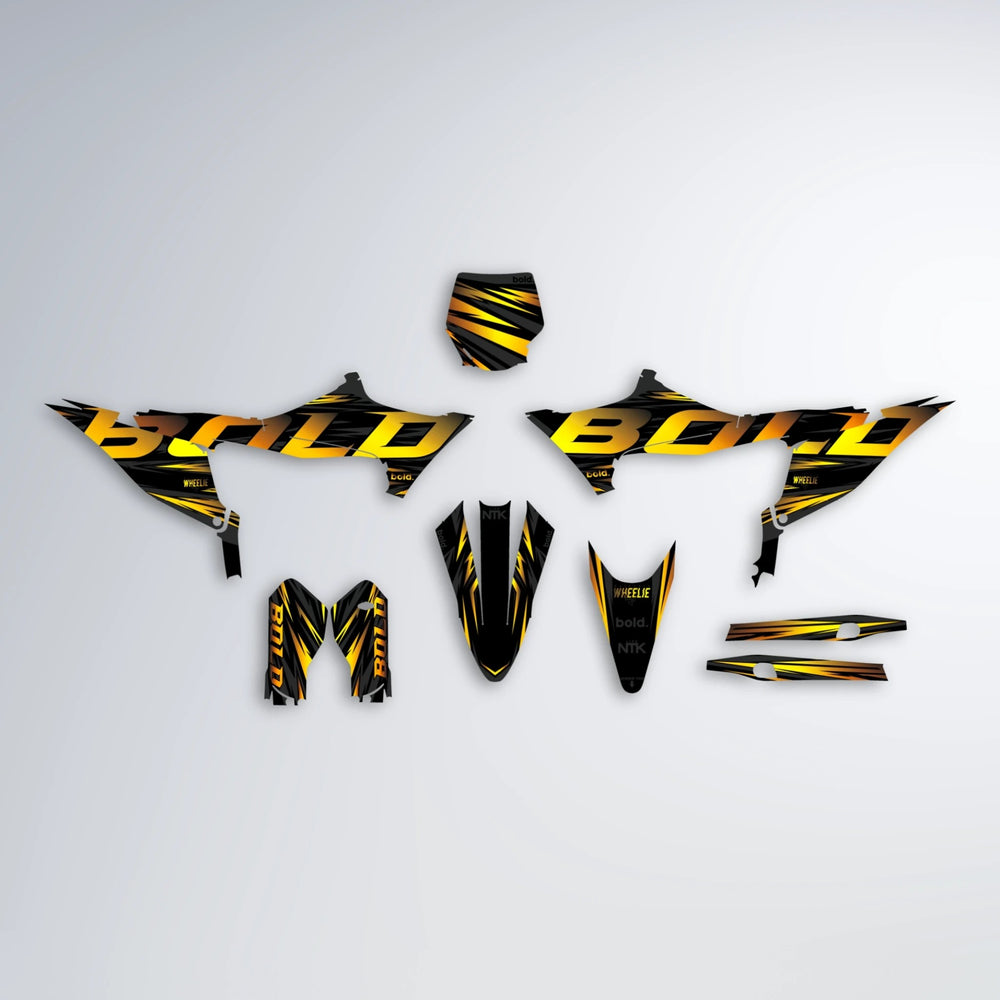 SLAUGHTER Stark Varg MX graphics kit parts layout in Orange & Yellow