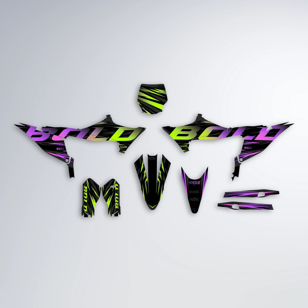 SLAUGHTER Stark Varg MX graphics kit parts layout in Purple & Yellow
