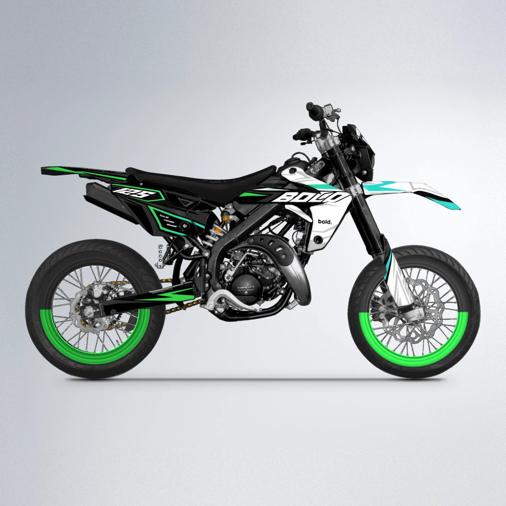 SPLIT Rieju MRT supermoto graphics kit in Cyan & Green
