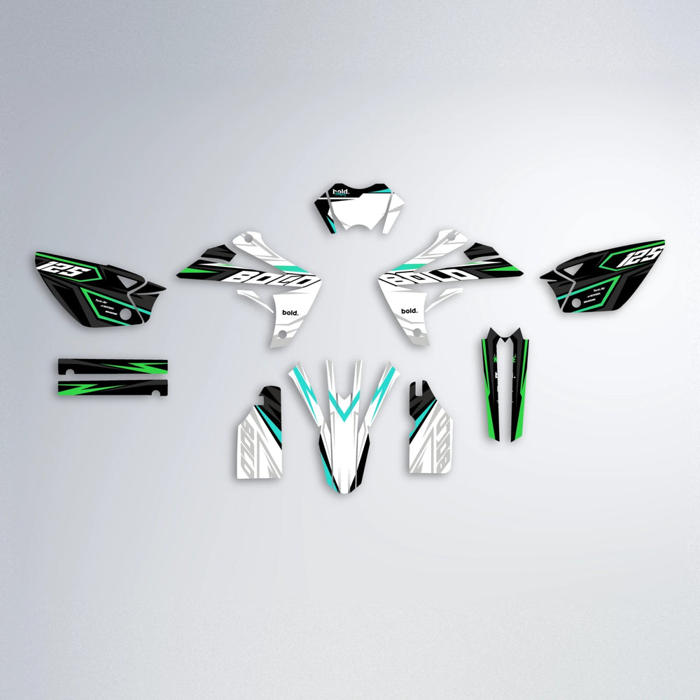 SPLIT Rieju MRT graphics kit parts layout in Cyan & Green