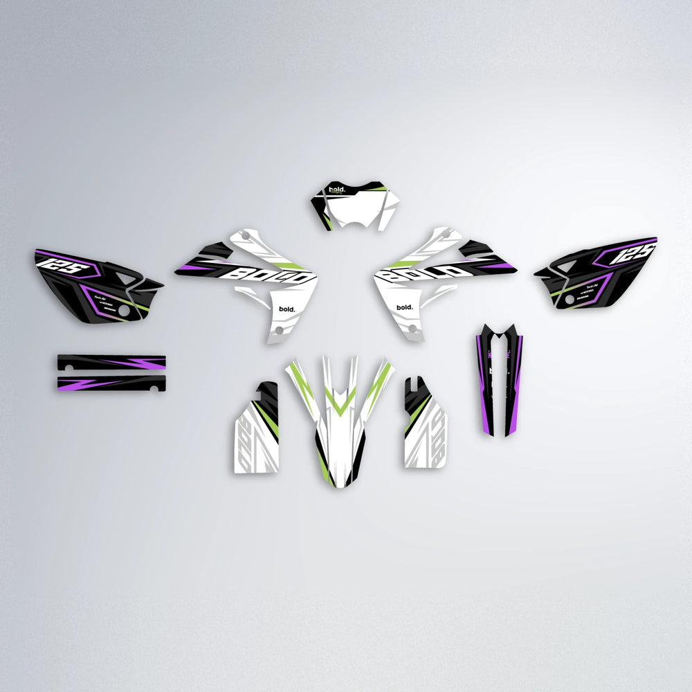 SPLIT Rieju MRT graphics kit parts layout in Purple & Yellow