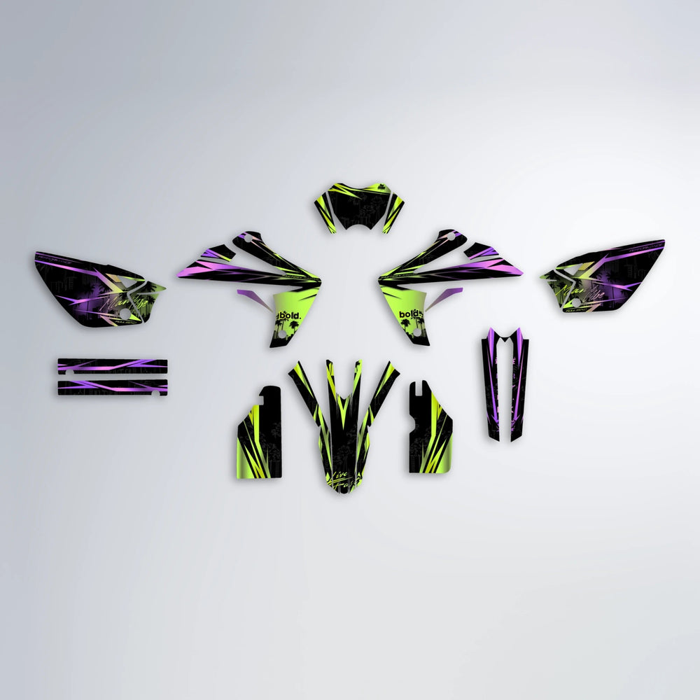 STATESIDE Rieju MRT graphics kit parts layout in Purple & Yellow