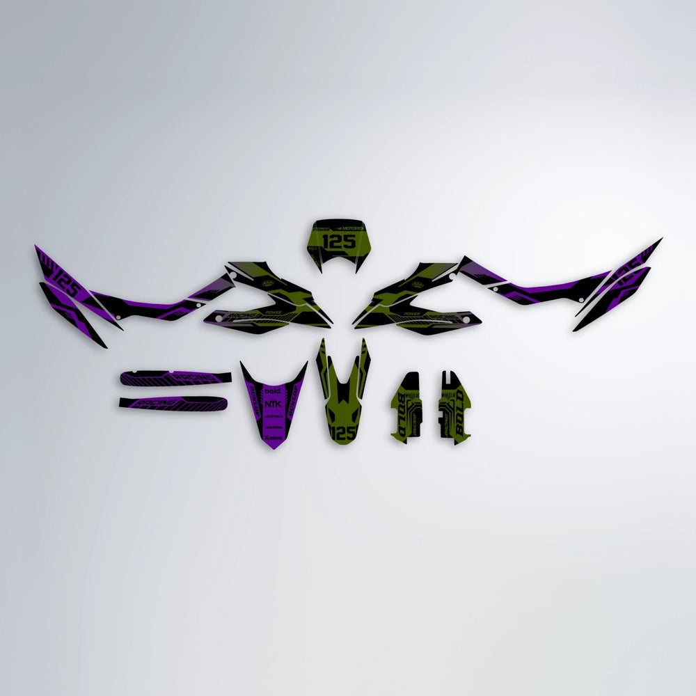 STEALTH Aprilia SX 125 graphics kit parts layout in Purple & Yellow
