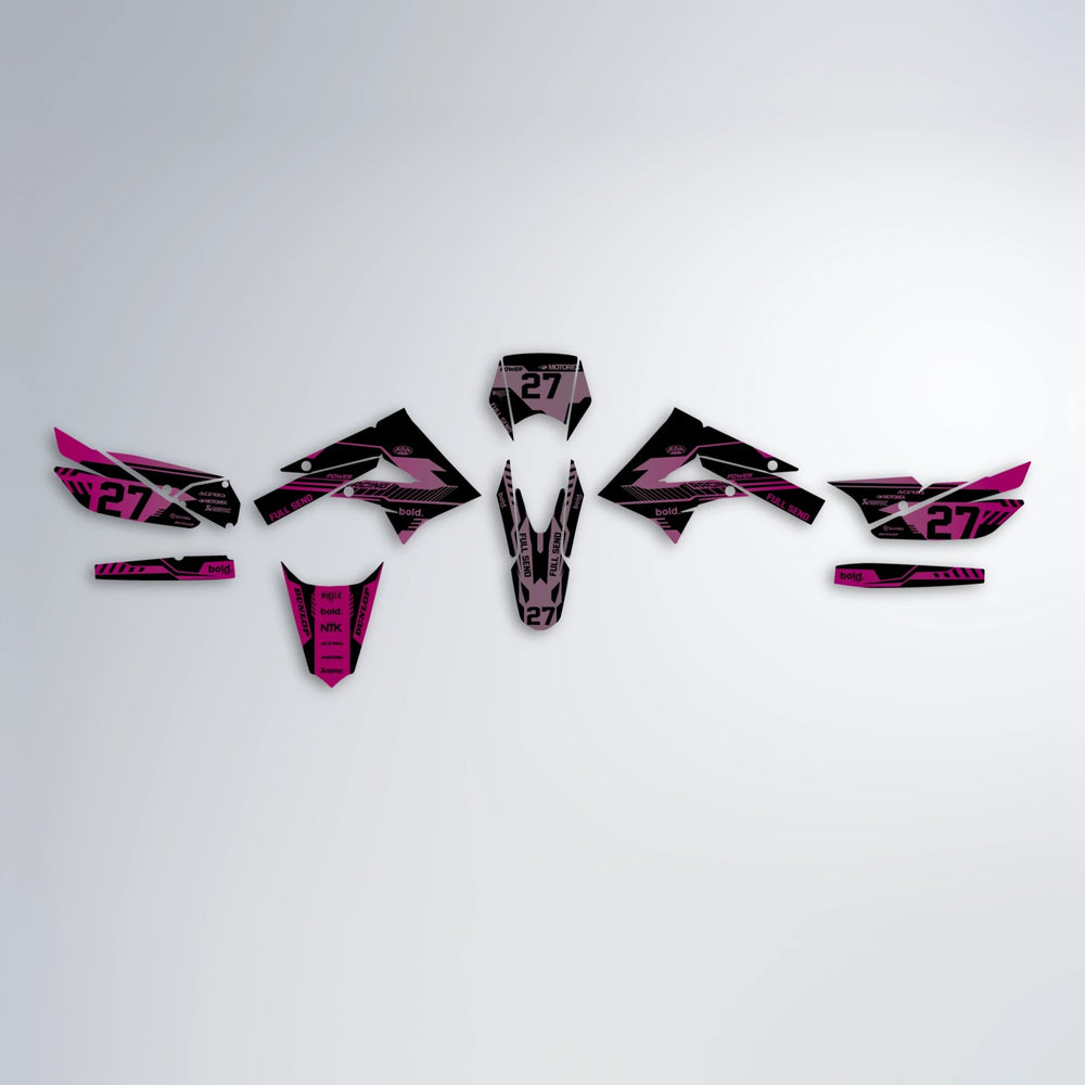 STEALTH Derbi Senda graphics kit parts layout in Flamingo