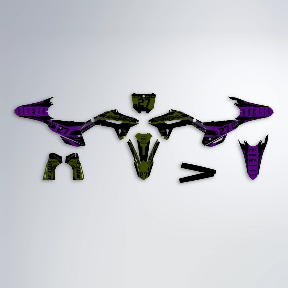 STEALTH Honda graphics kit parts layout in Purple & Yellow