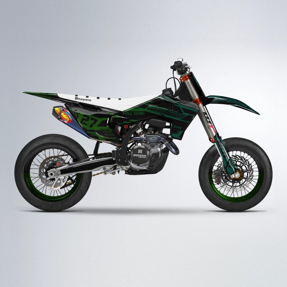 STEALTH Husqvarna FE/TE supermoto graphics kit in Cyan & Green