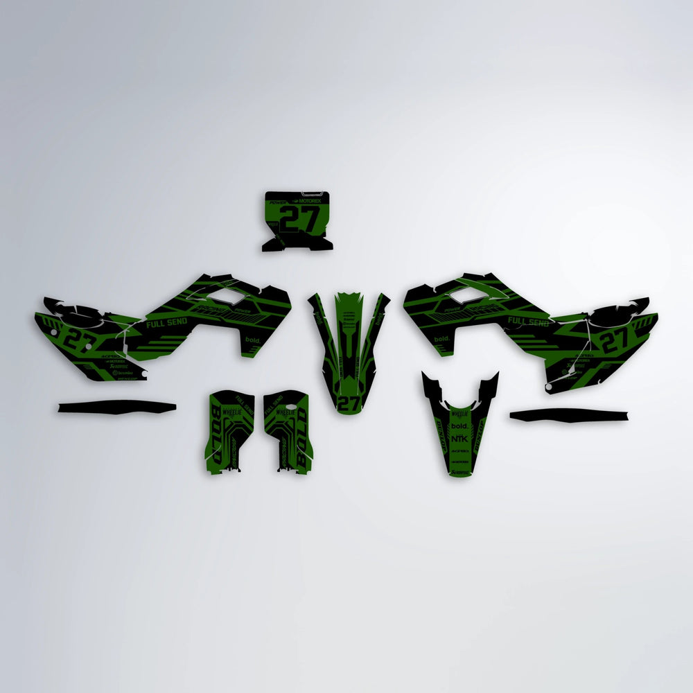 STEALTH Husqvarna FE/TE graphics kit parts layout in Green