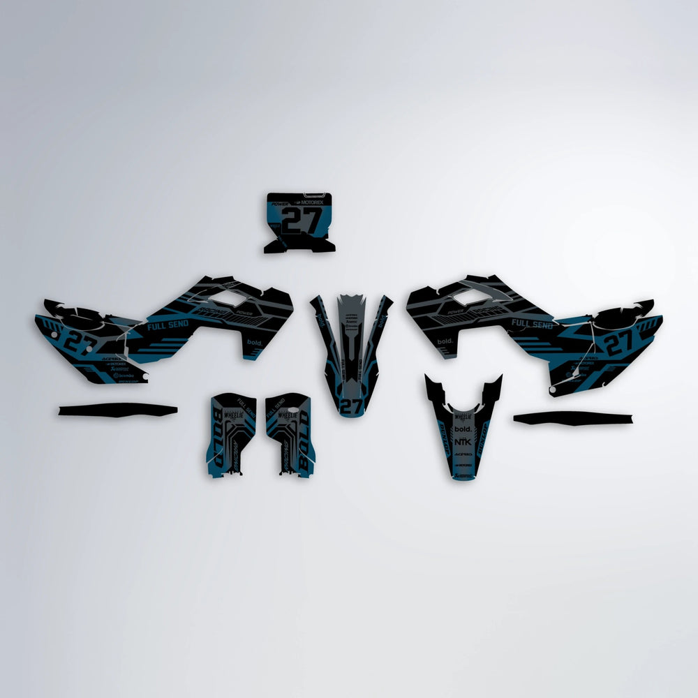 STEALTH Husqvarna FE/TE graphics kit parts layout in Light Blue & White