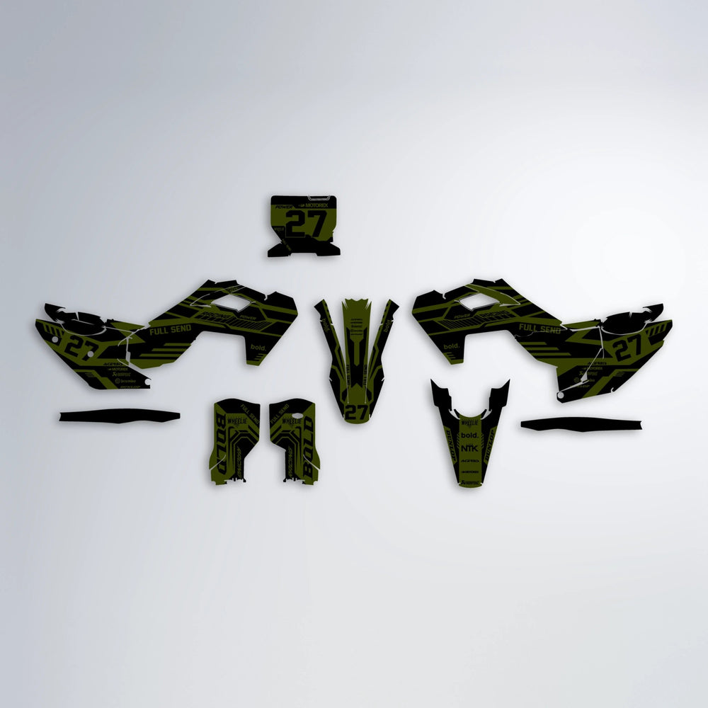 STEALTH Husqvarna FE/TE graphics kit parts layout in Olive