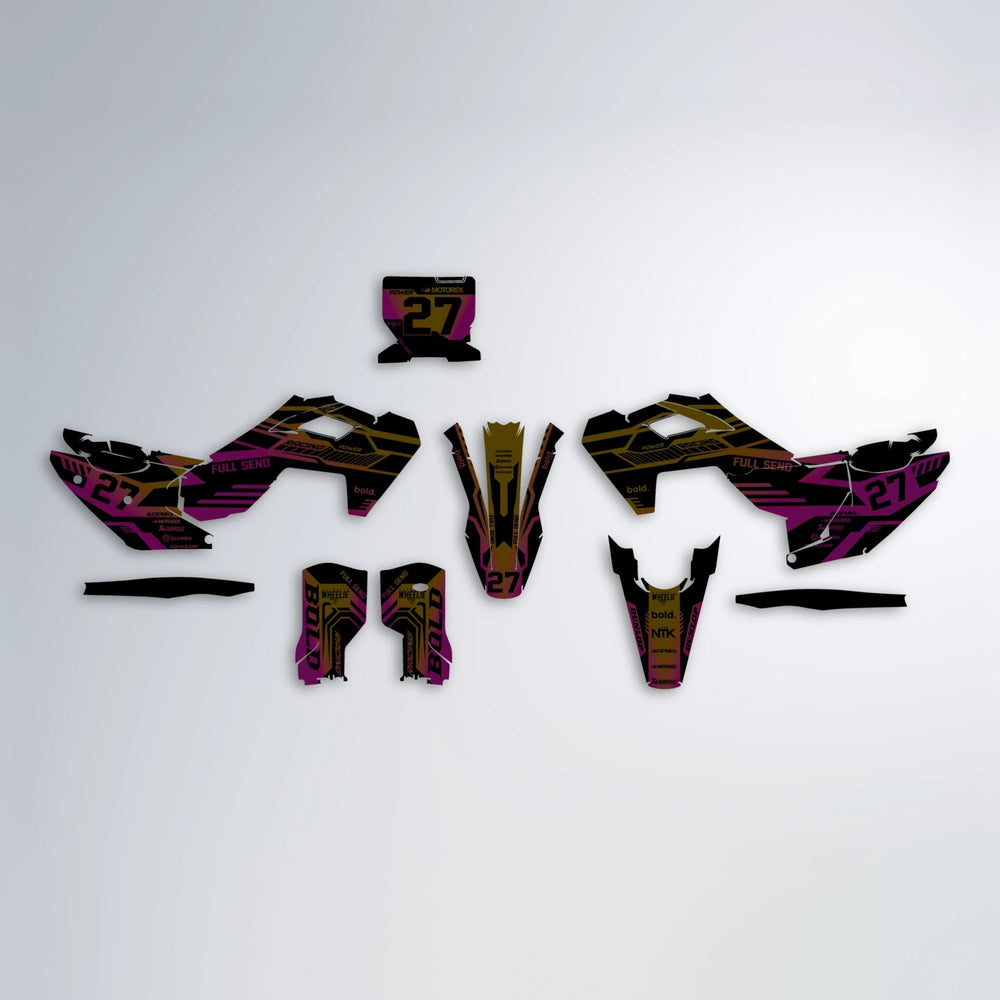 STEALTH Husqvarna FE/TE graphics kit parts layout in Pink & Yellow