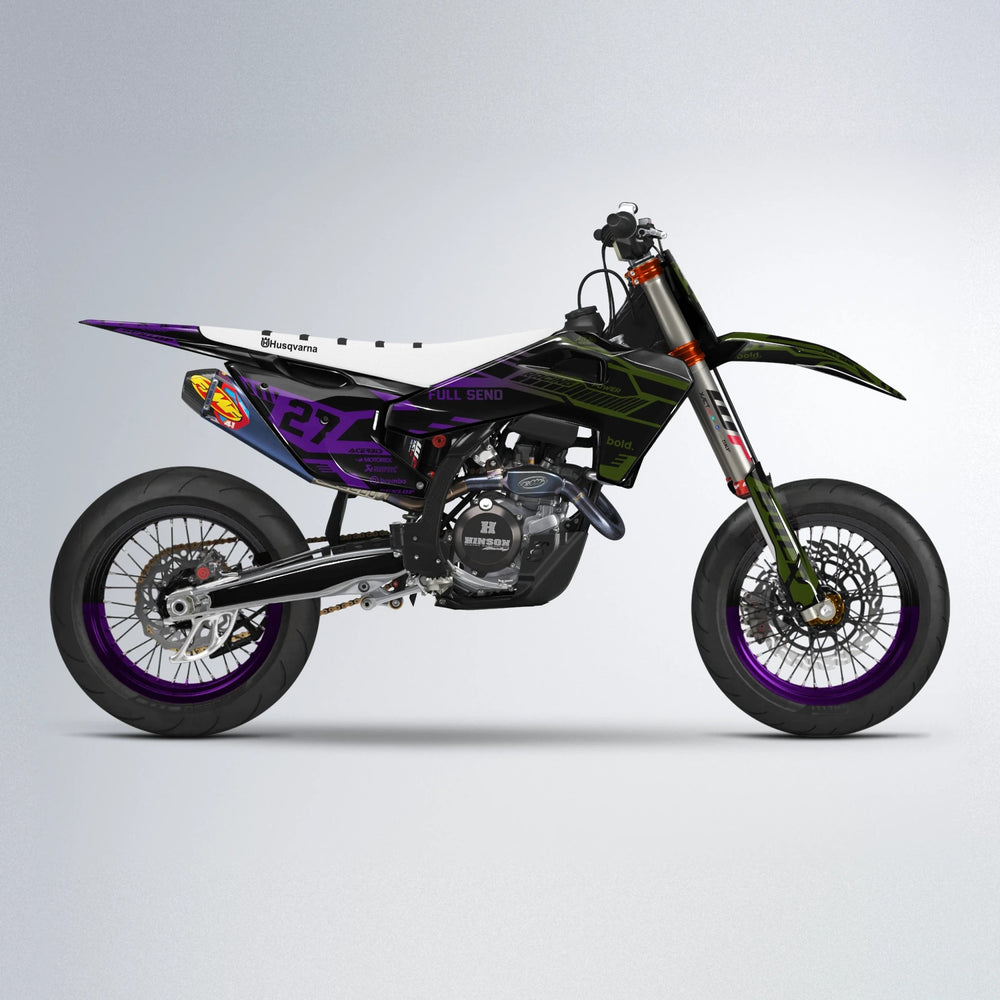 STEALTH Husqvarna FE/TE supermoto graphics kit in Purple & Yellow