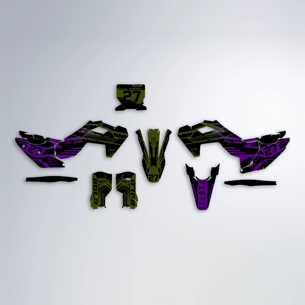 STEALTH Husqvarna FE/TE graphics kit parts layout in Purple & Yellow