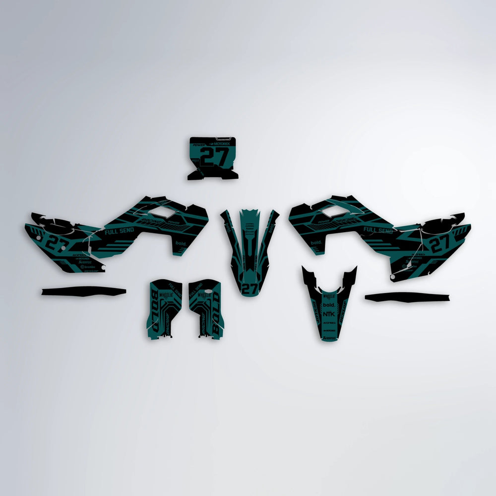 STEALTH Husqvarna FE/TE graphics kit parts layout in Teal